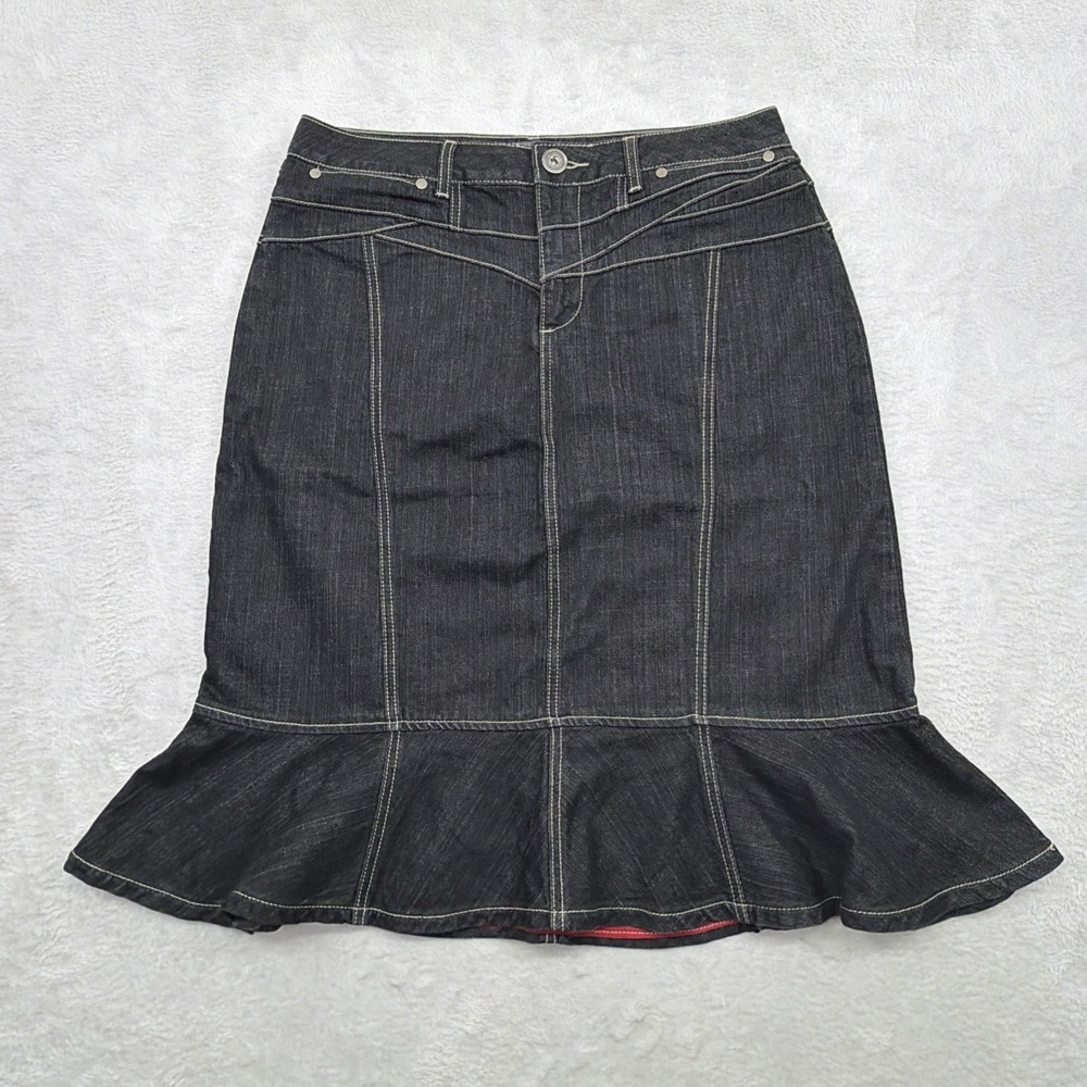 Vintage MOTTO Womens mid-calf Denim A-Line Skirt Black Denim Size 14 zip closure